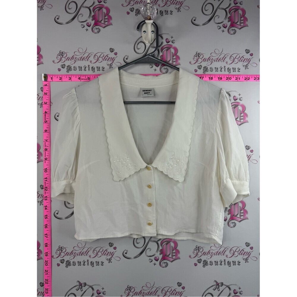 Sunday Best crop cardigan tee Cream Embroidered Collar Button-Front Blouse